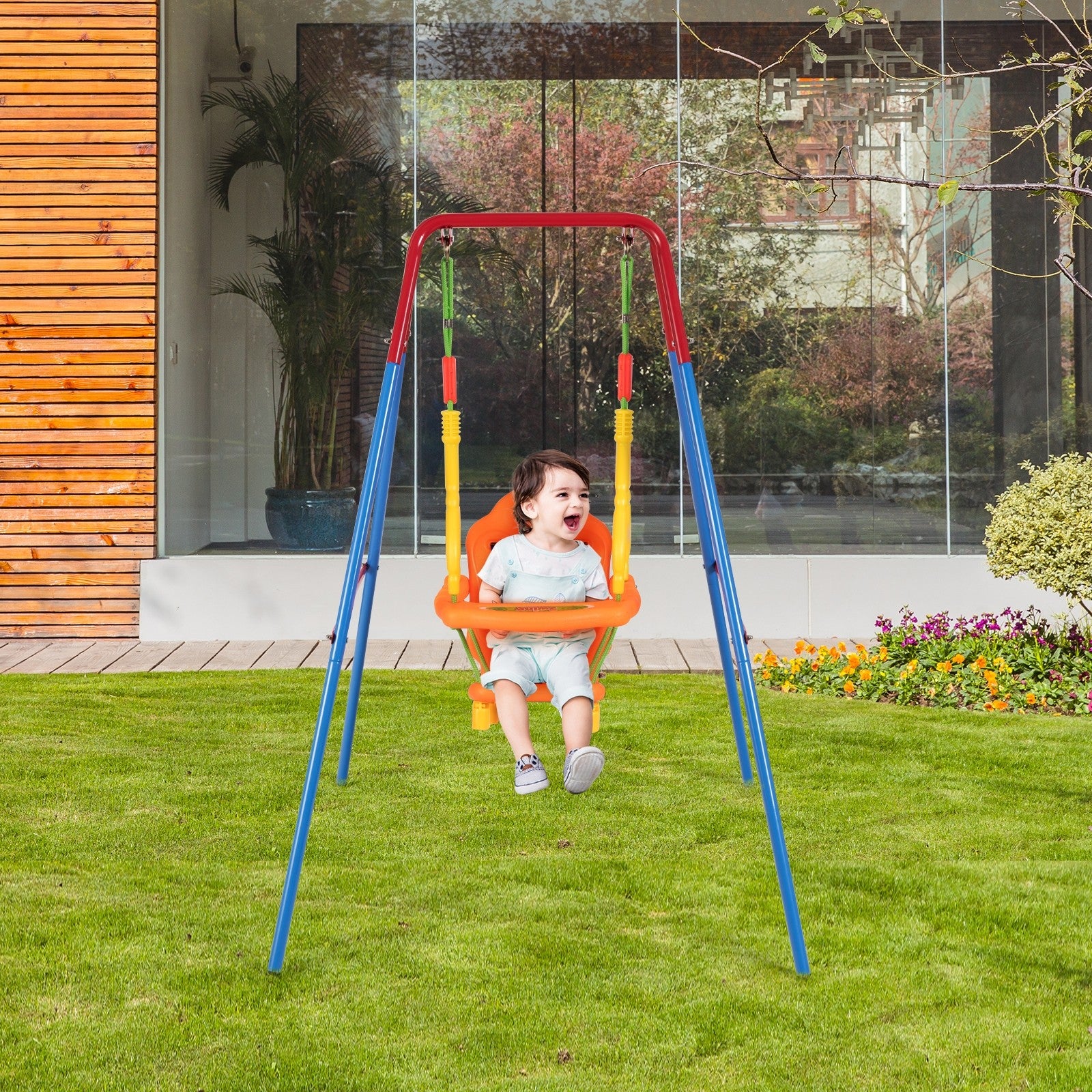 Costzon Toddler Swing Set, Outdoor Metal Swing Set with Safety Harness and Handrails (Swing with Handrails)