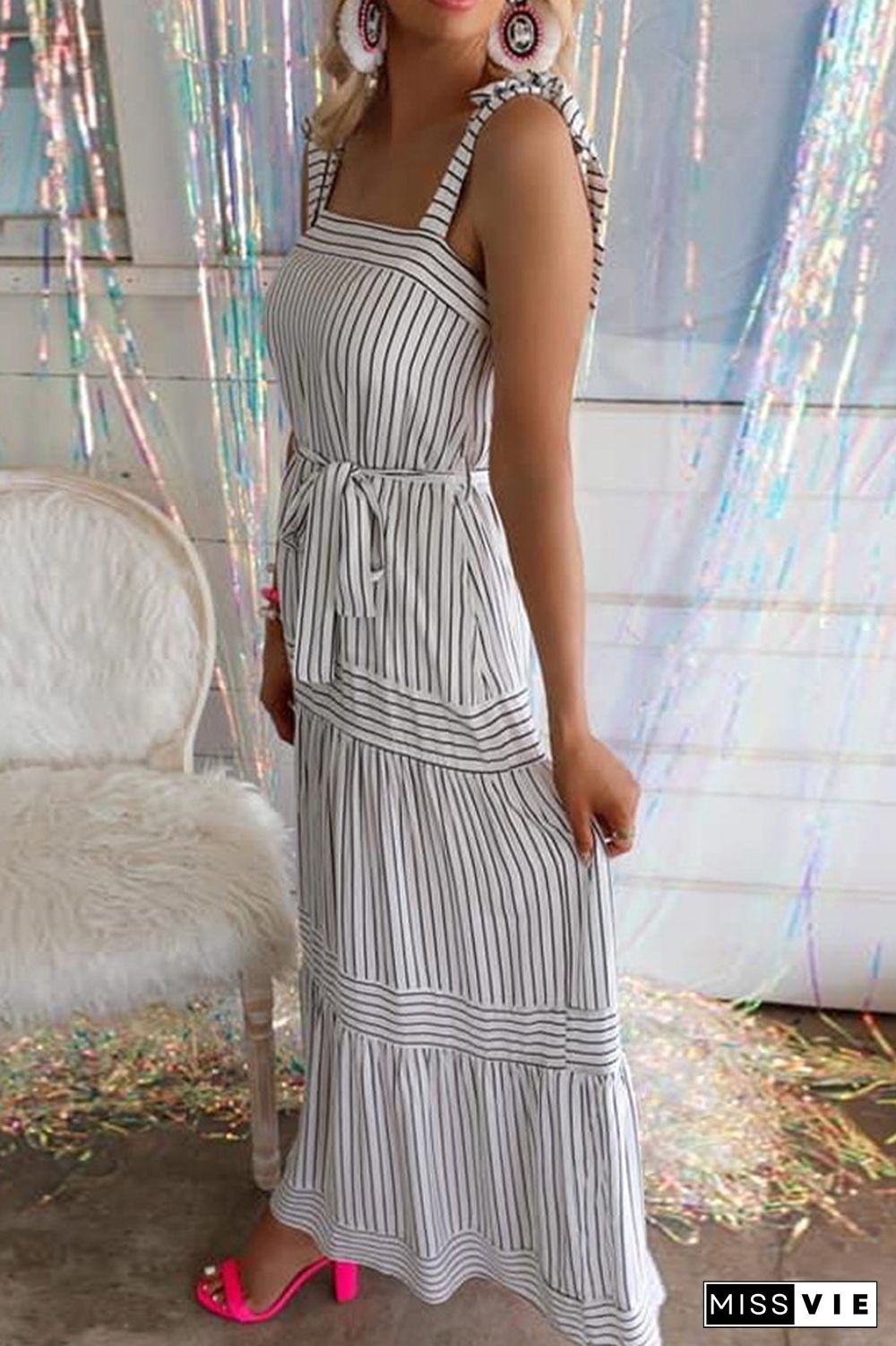 White Pin Striped Spaghetti Strap Tiered Maxi Dress