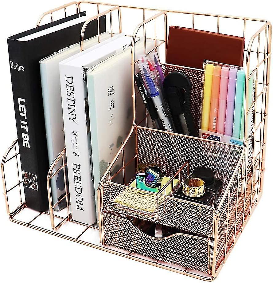 Rose Gold Desk Organizer Supplies Accessories Storage Caddy Desktop Organizer With Pencil Holder ，pen Holder ，paper Organizer ，mail Holder，file，desk D