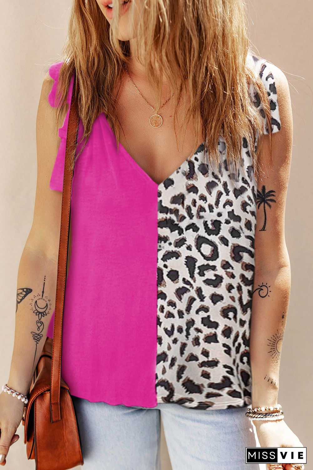 Rose Leopard Patchwork Tie Strap Tank Top