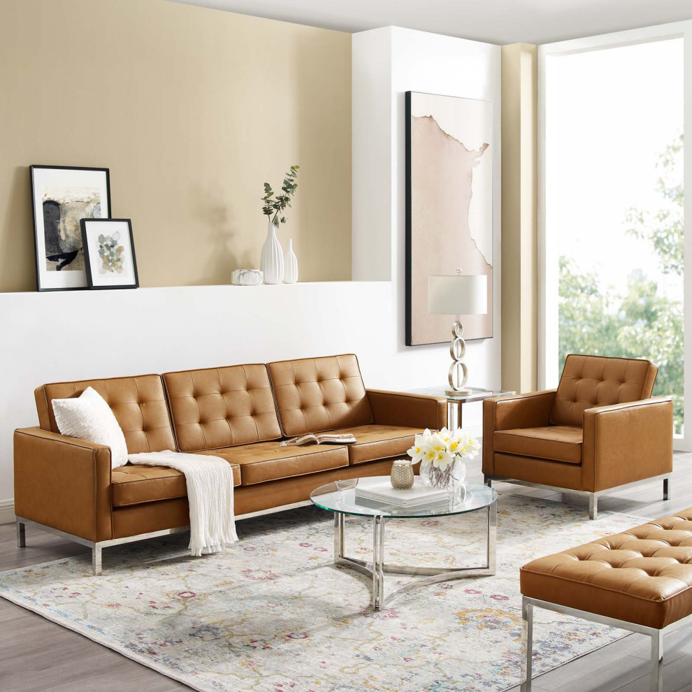 Loft Tufted Upholstered Faux Leather Sofa and Armchair Set Silver Tan   Contemporary   Sofas   by Kolibri Decor  Houzz