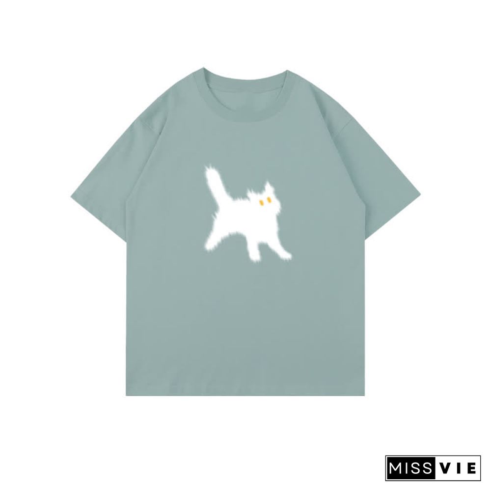 Cartoon Cat Print Round Collar Oversized T-Shirt