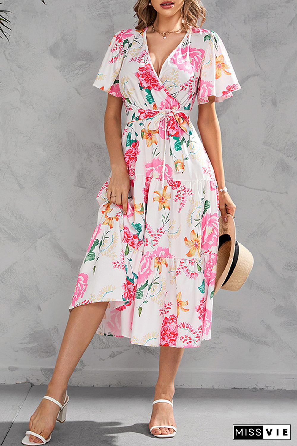 Wrap V Neck Tiered Midi Floral Dress