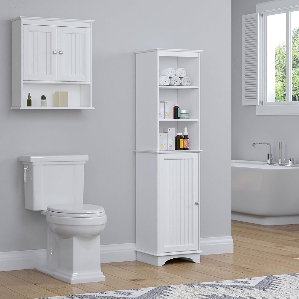 Freestanding Storage Cabinet with Three Tier Shelves White