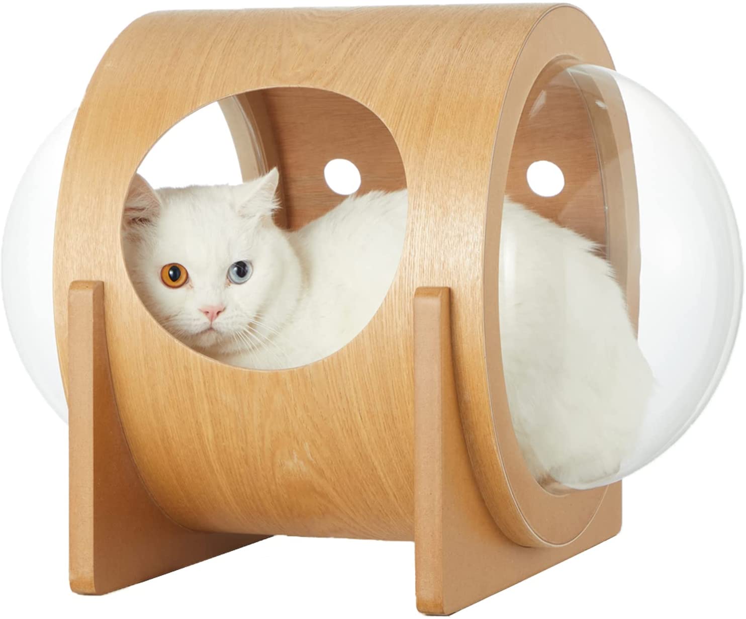 Yoleny Wooden Cat Bed Capsule Spaceship Gamma Cat Bed with Acrylic Dome，  Indoor Cat House with Large Transparent Capsule for Mammals