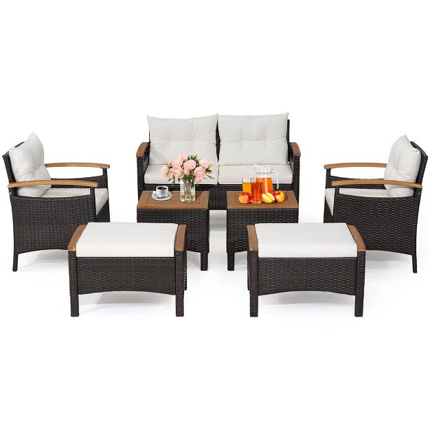 Tangkula 7pcs Rattan Patio Conversation Furniture Set Cushioned Outdoor Wicker Sofa Set