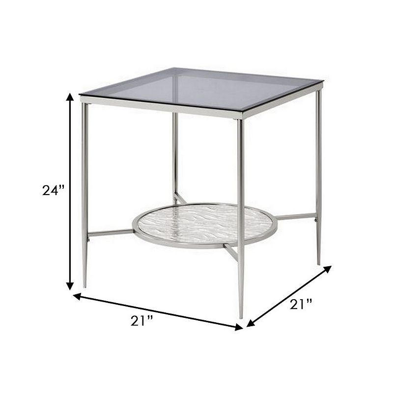 End Table with Textured Round Shelf， Silver