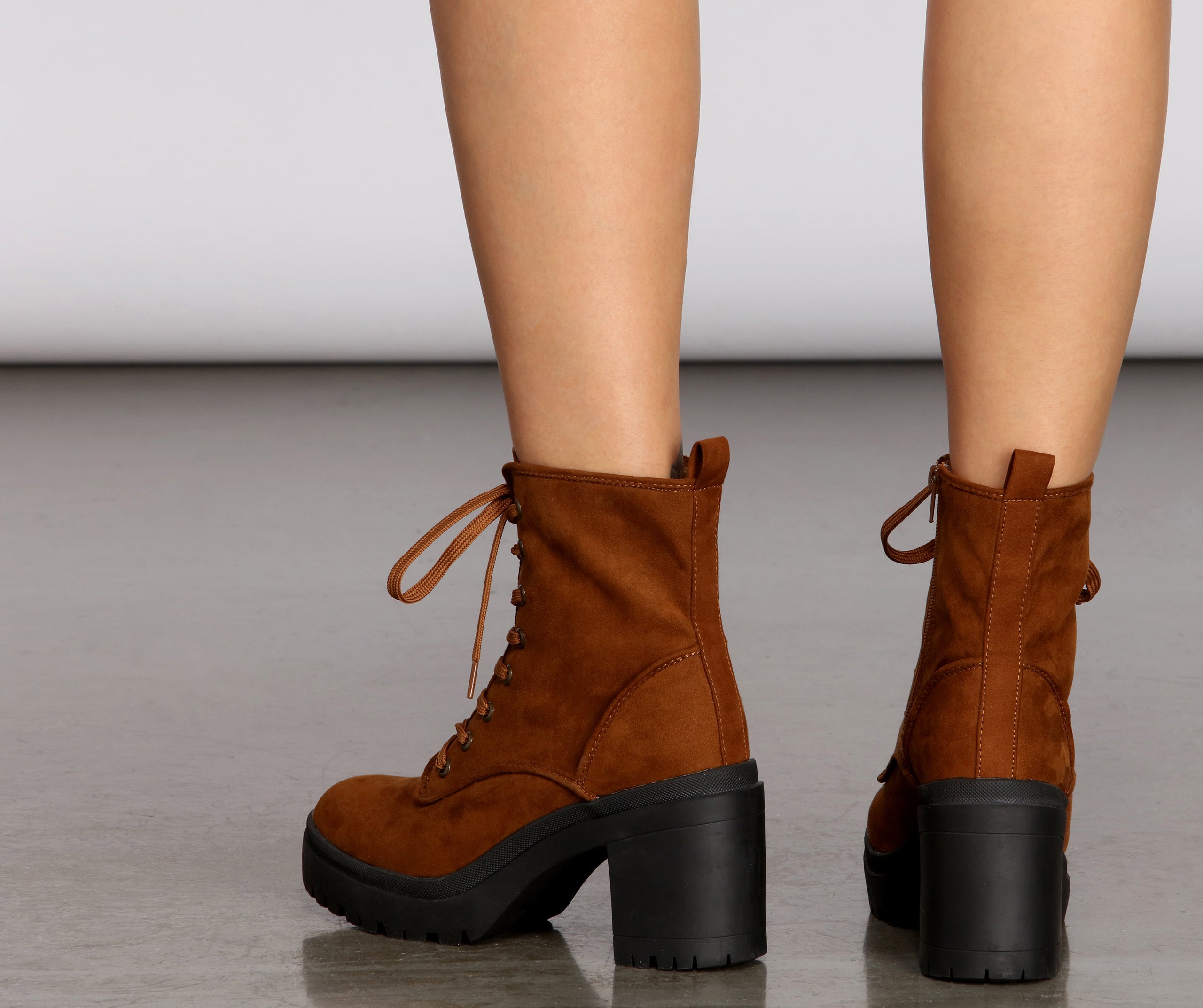 Keep It Glossy Lace Up Lug Heel Booties