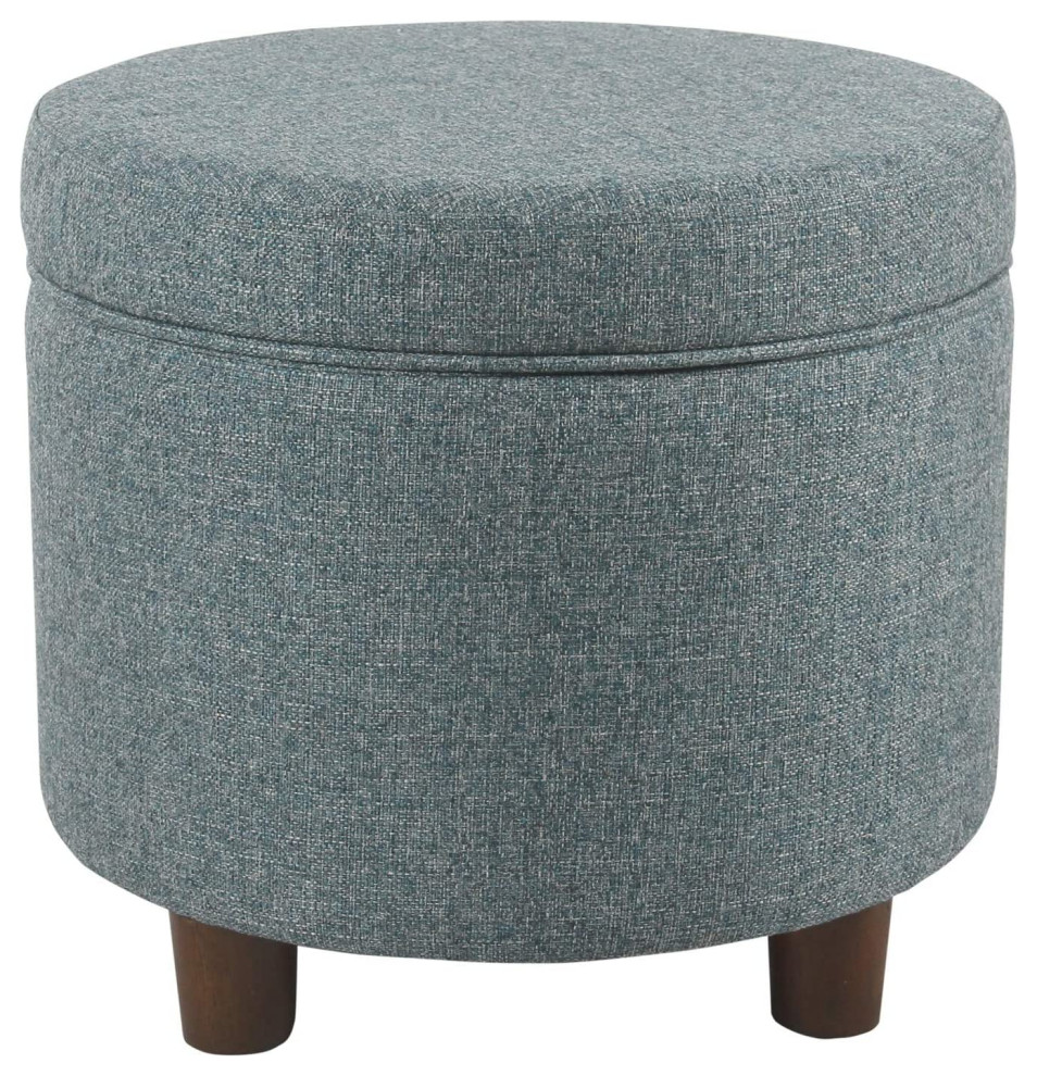 Benzara BM194127 Fabric Round Wood Ottoman with Lift Off Lid Storage  Teal Blue   Transitional   Footstools And Ottomans   by VirVentures  Houzz