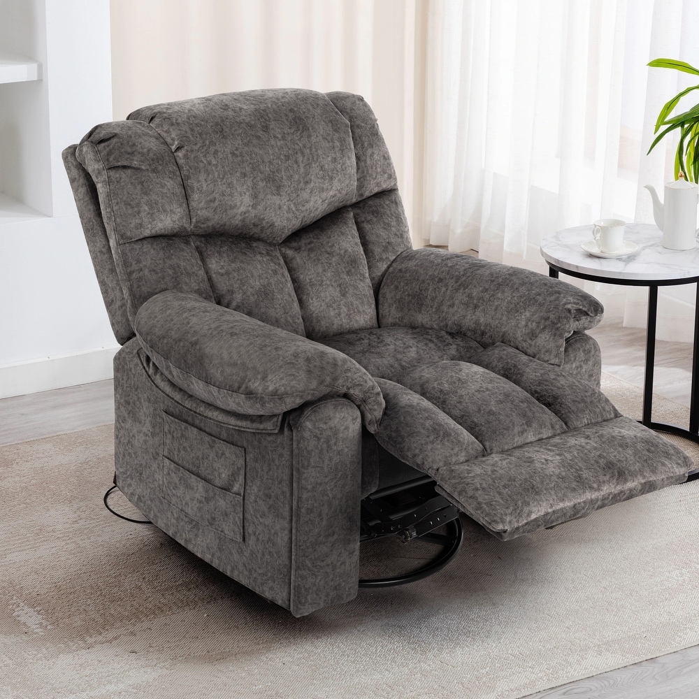 Grey Velvet Swivel and Rocking Recliner Chair with Massage  Heating  USB Charging  and Cup Holders  Enlarged   Widen Seat