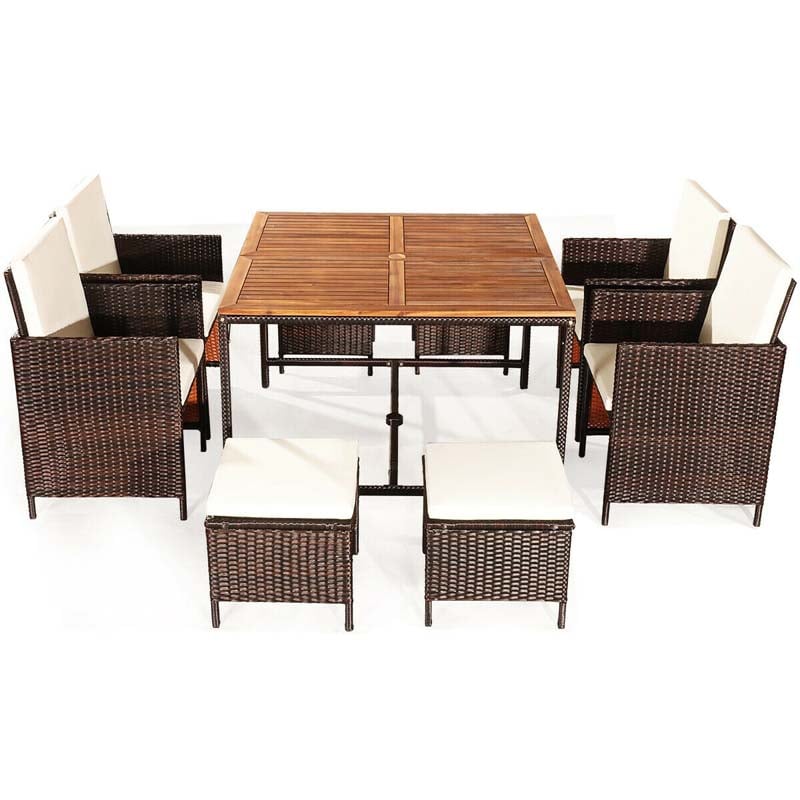 9 Pcs Rattan Wicker Outdoor Patio Dining Set with Acacia Wood Dining table, 4 Ottomans, 4 Cushioned Armchairs