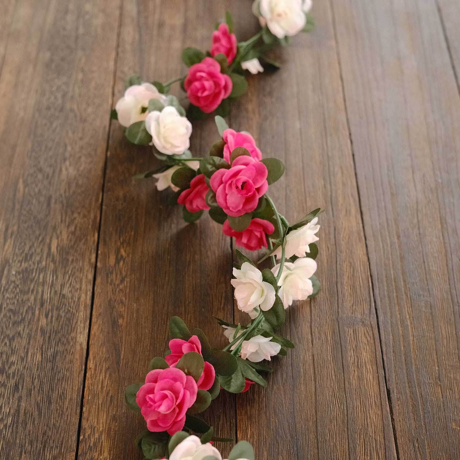 2 Pack Blush Fuchsia Artificial Silk Mini Rose Vines Hanging Flower Garland with 45 Flower Heads - 8ft