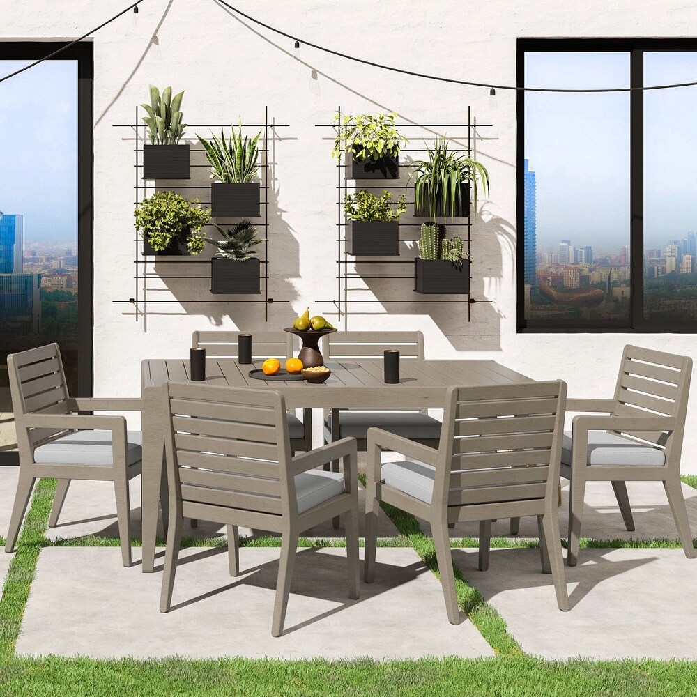 Homestyles 7 Piece Sustain Gray Wood Outdoor Dining Table and Six Armchairs Set