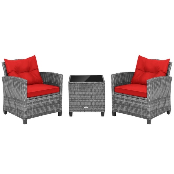 3Piece Outdoor Wicker Patio Furniture Set with Tempered Glass Coffee Table