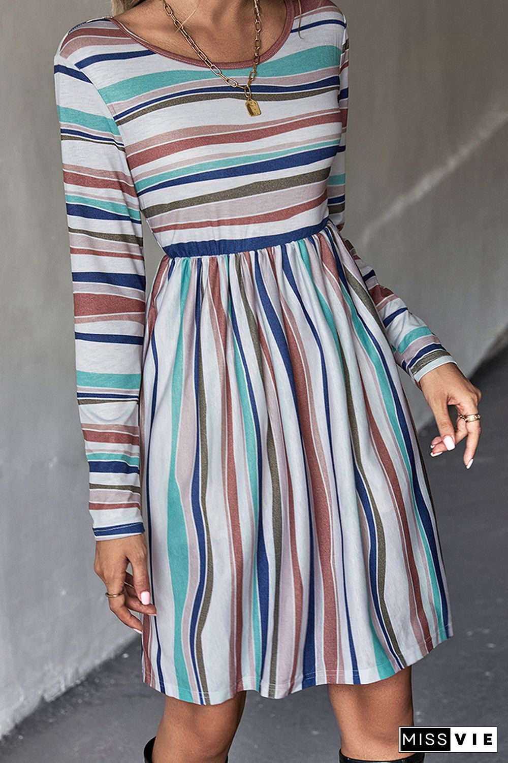 Color Block Stripes Long Sleeves Dress