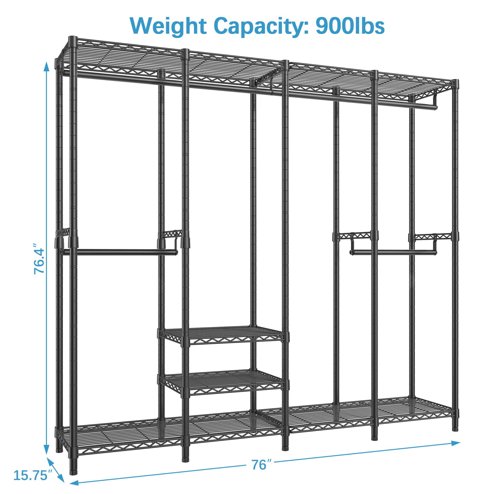 VIPEK V40 Wire Garment Rack, 76" L x 15.7" W x 75.6" H, Max Load 800lbs, Black