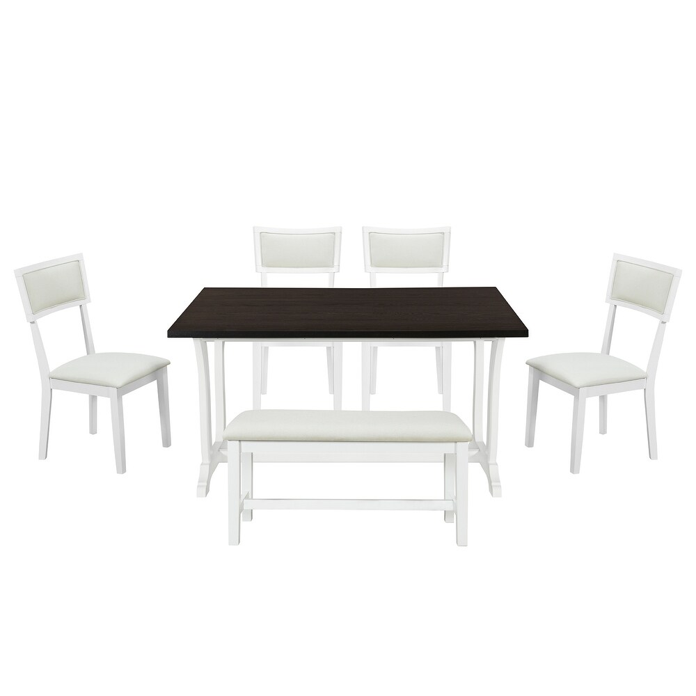 6 Piece Solid Wood Trestle Dining Table Set with 59inch Rectangular Table and 4 Linen Padded Backs Dining Chairs   Bench