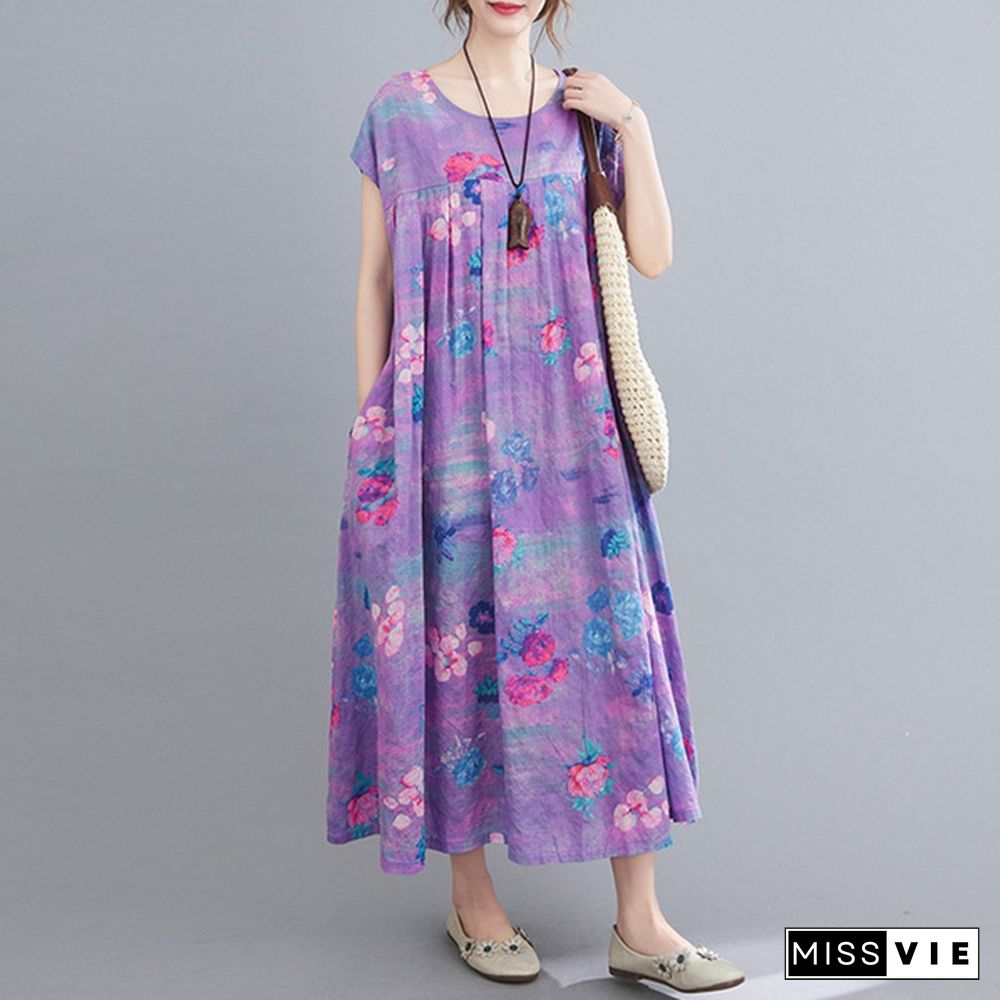 Oversized Retro Summer Short Sleeve Kaftan Casual Floral Printed Bohemian Long Maxi Shirt Dress Holiday