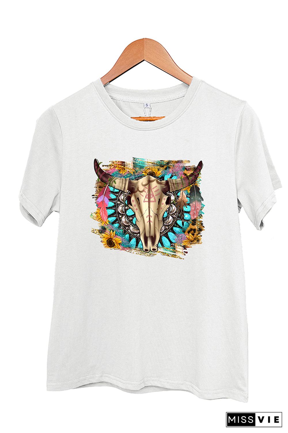 Western Boho Skull Pngturquoise And Leopard Short Sleeve Graphic Tee Wholesale