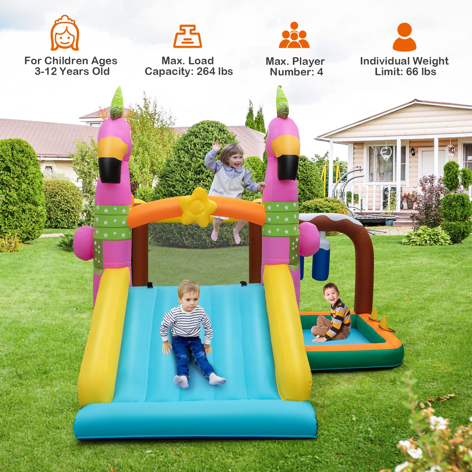 Costzon  Inflatable Bounce House, Flamingo Bouncy House for Kids Indoor Outdoor Party with Jumping Area