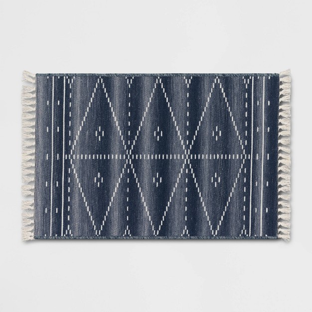 Washable Woven Tapestry Accent Rug With Fringe Indigo