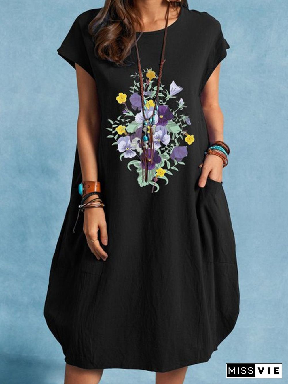 Flower Print Plus Size Cotton and Linen Pocket Dress Black Dresses