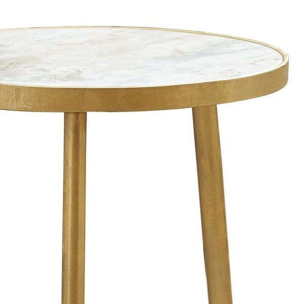 22 Inch Modern Accent Table， Round Marble Top， White， Gold