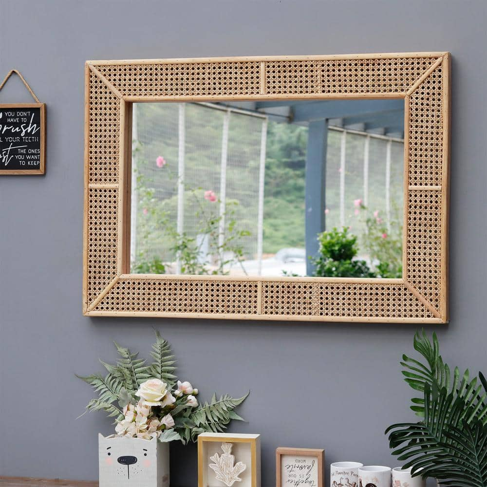 PARISLOFT 37.875 in. H x 26.375 in. W Rectangular Rattan Framed Natural Wall Mirror JT1202