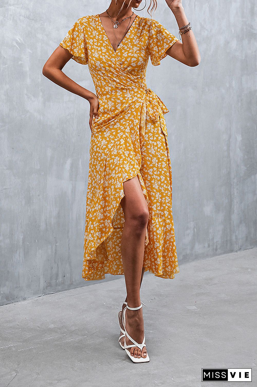 Floral Print V Neck Short Sleeve Dress Wholesale