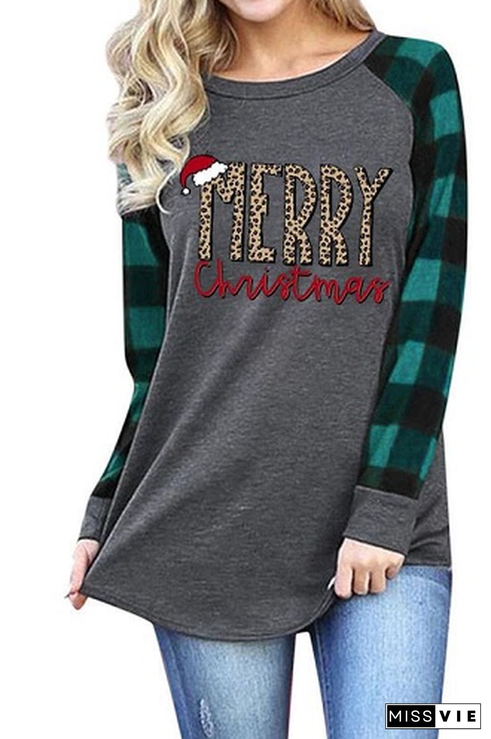 Merry Christmas Hat Printed Crew Neck Long Sleeve T-shirt 003