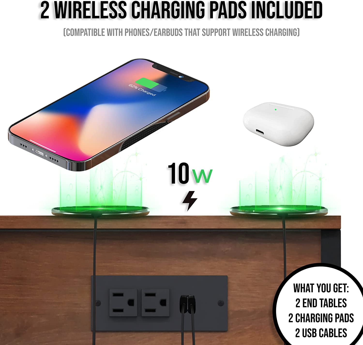 YELROL End Table with Charging Station - Set of 2 Nightstands with USB Ports and Outlets  2 x 10W Wireless Charger Pads  Storage Bedside Table for Living Room  Bedroom Nightstand  Side Ta