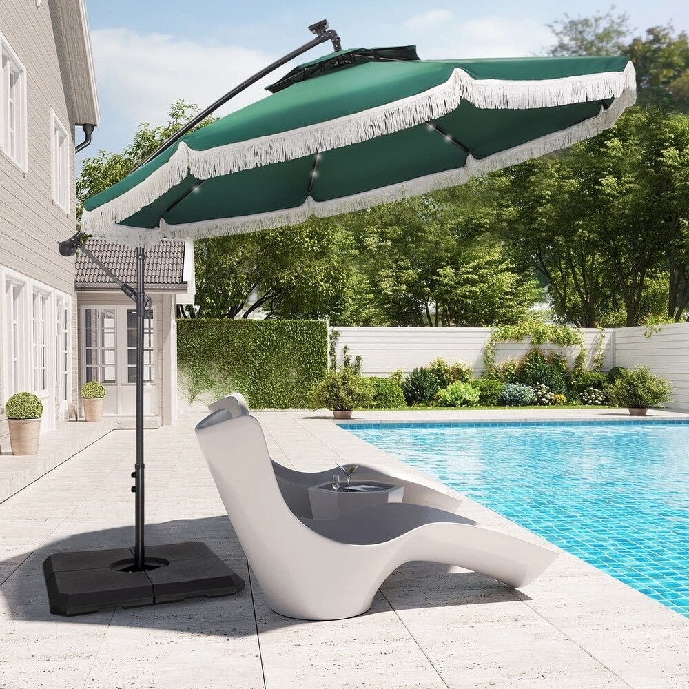 Outdoor 10Ft Double Top Crank Umbrella Patio Cantilever Umbrella with Fringe Tassel and LED Lights