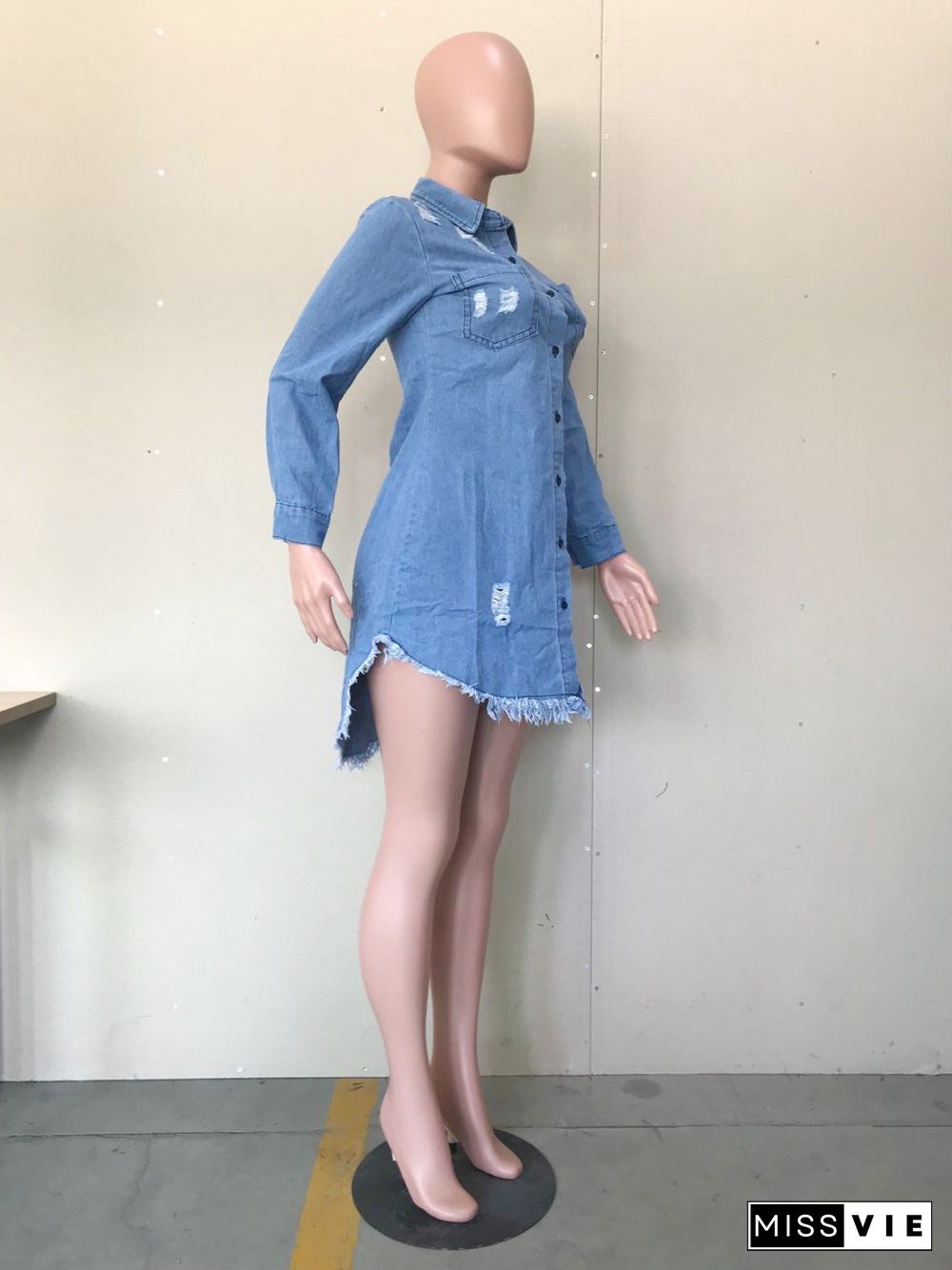 New Product Hot Sale Popular Ripped Fringed Denim Dress