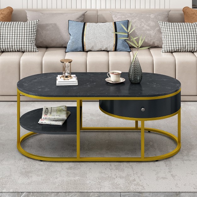 Modern Marble Veneer Coffee Table With Gold Metal Frame Drawers And Shelves Modernluxe