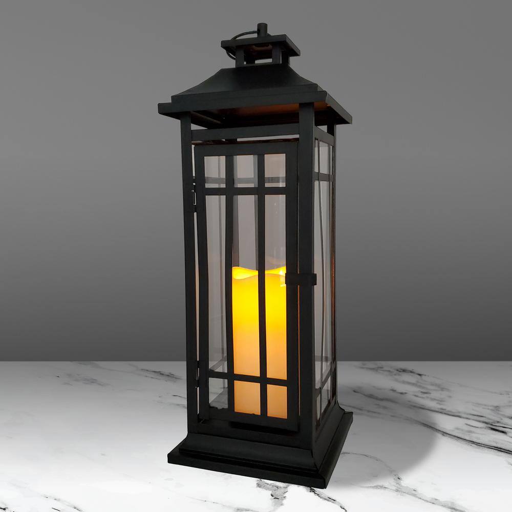 LUMABASE 17 in. Black Window Battery Operated Metal Lantern with LED Candle 88901