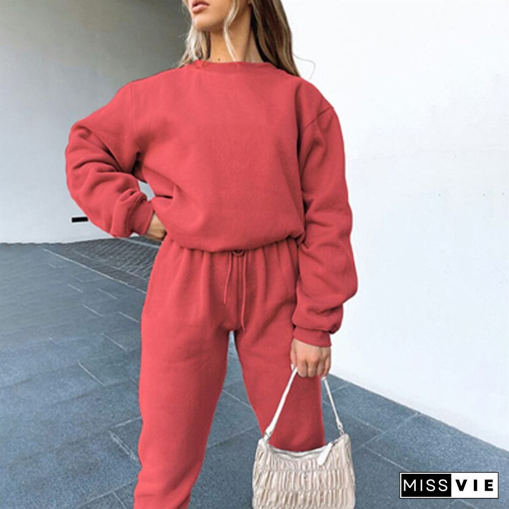 Casual Solid 2 Piece Sets Women New Autumn O Neck Long Sleeve Sweatshirt And Drawstring Long Pants Set Ladies Loose Sports Suits