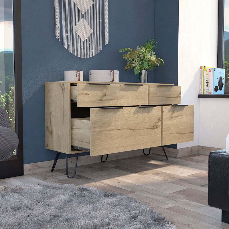 Monaco Double Dresser， Four Drawers， Superior Top， Hairpin Legs