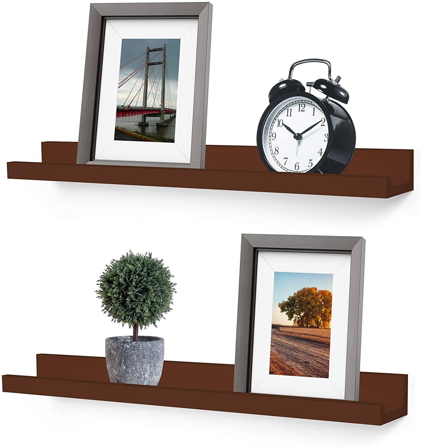 Greenco Wall Mounted Vista Photo Ledge Wood Floating Shelves Walnut, 24