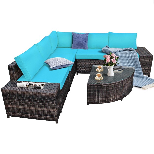 Tangkula 6 piece Outdoor Rattan Conversation Set Sectional Sofa Set With Arc shaped Table