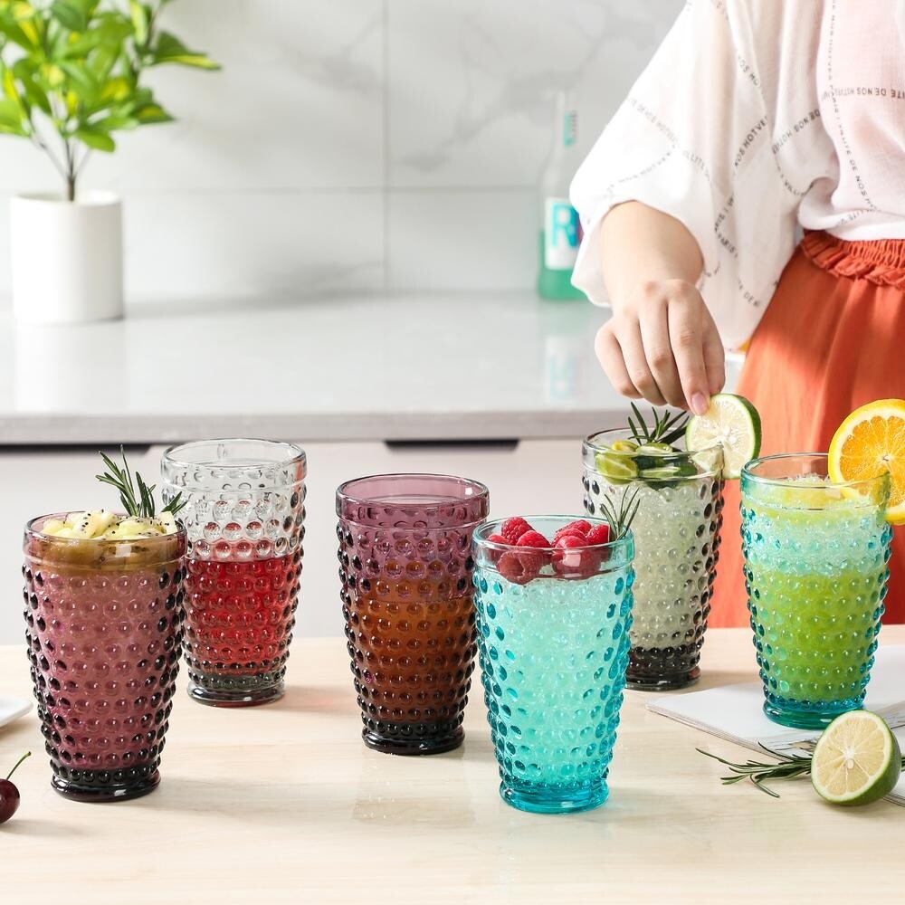 Hobnail Colorful Iced Beverage Drinking Glass 13oz   Set of 6   3.5\