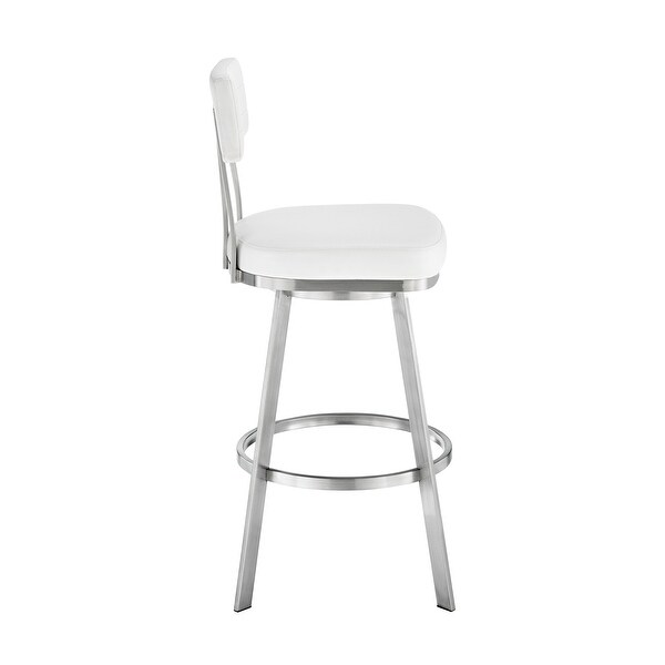 Col 30 Inch Swivel Bar Stool， White Faux Leather， Stainless Steel Legs