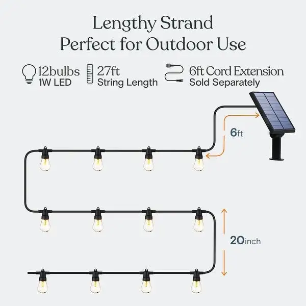 12 Plastic LED Bulbs, 27 Ft Commercial Grade Solar String Lights - 1W, 2700K