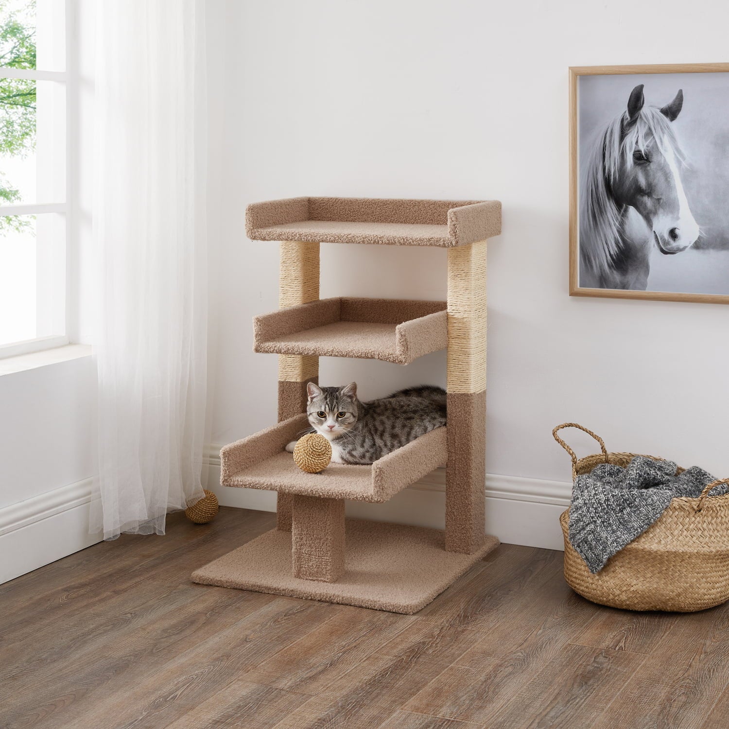 Naomi Home Cat Tree for Indoor Cats, Multi-level Cat Furniture with Condo Kitten Tower Kitty Stand Play House-Color: Beige