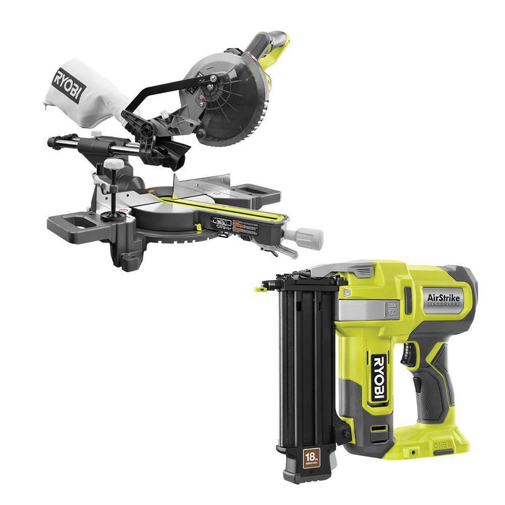 RYOBI ONE+ 18V Cordless 2-Tool Combo Kit with 7-14 in. Sliding Compound Miter Saw and AirStrike Brad Nailer (Tools Only) PBT01B-P321