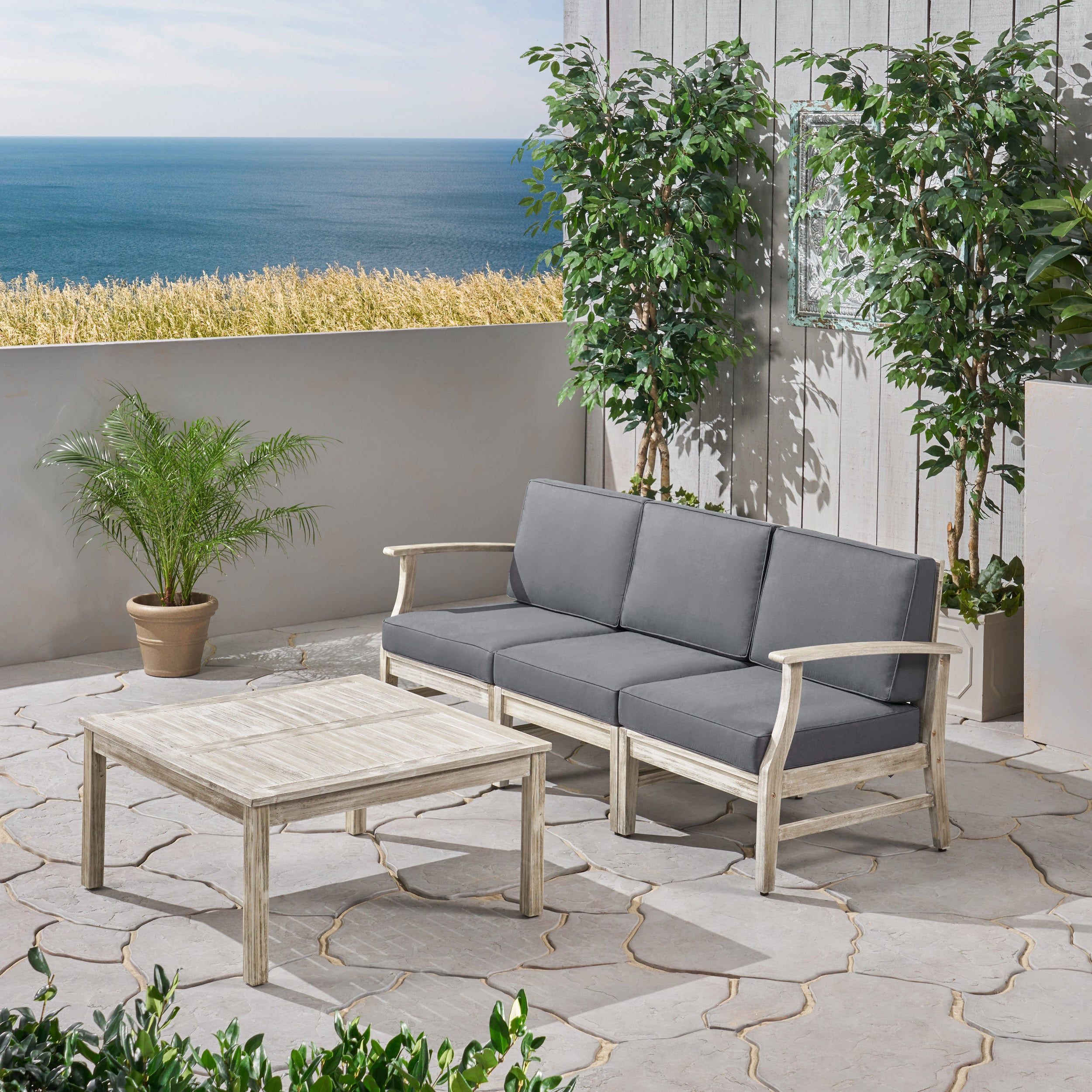 Lorelei Outdoor 4 Piece Acacia Wood Sofa and Coffee Table Set