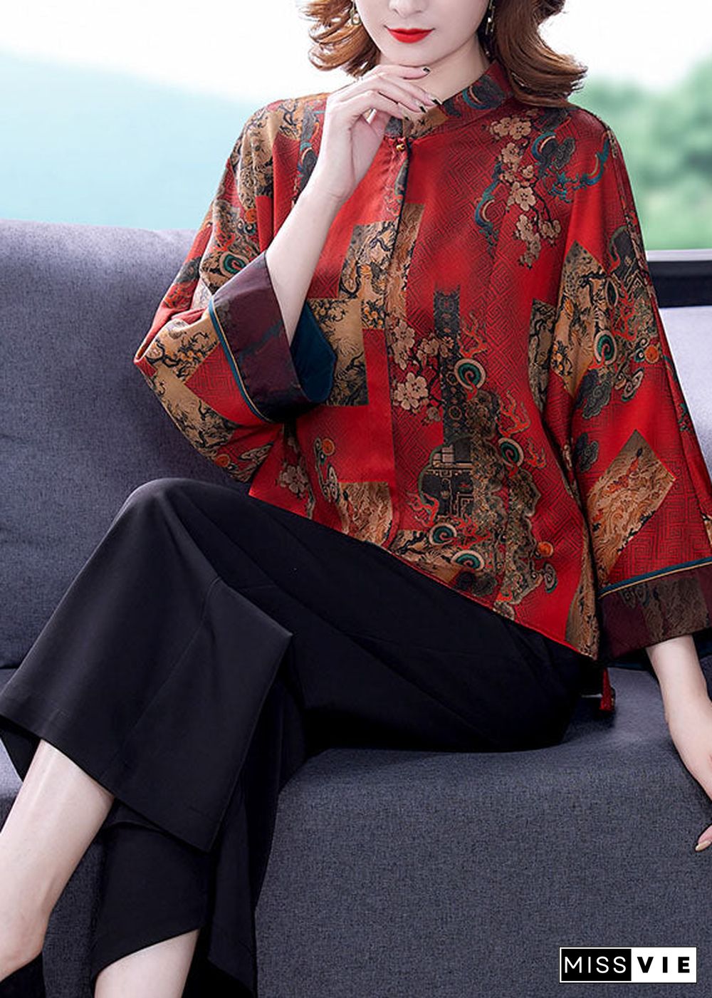 Handmade Red Original Design Mandarin Collar Print Silk Blouses Long Sleeve