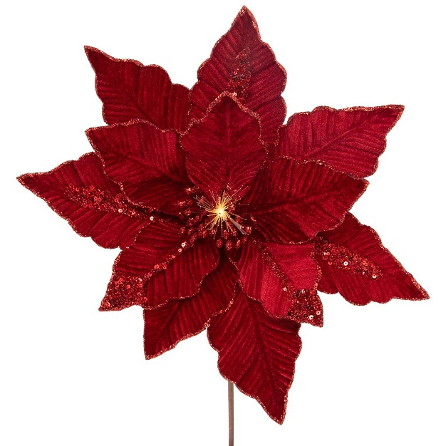 Lighted Red Velvet Poinsettia Christmas Stem Spray