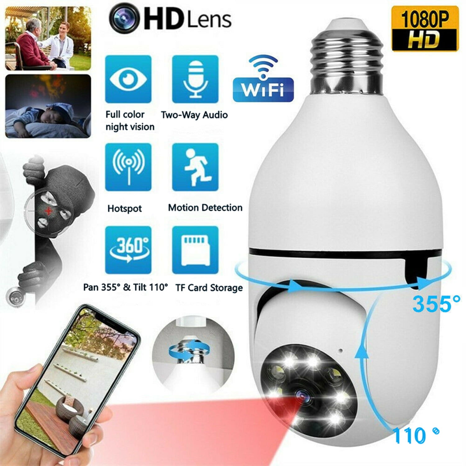 4PCS Wireless Security Camera， 2.4G and 5G Wifi Outdoor Light Bulb Camera， E27 1080P HD Outdoor Camera Light Bulb， Night Vision Motion Detection Remote View for Home Surveillance