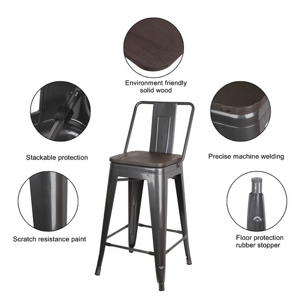 24 inch High Back Metal Stool with Dark Wooden Seat-Set of 4