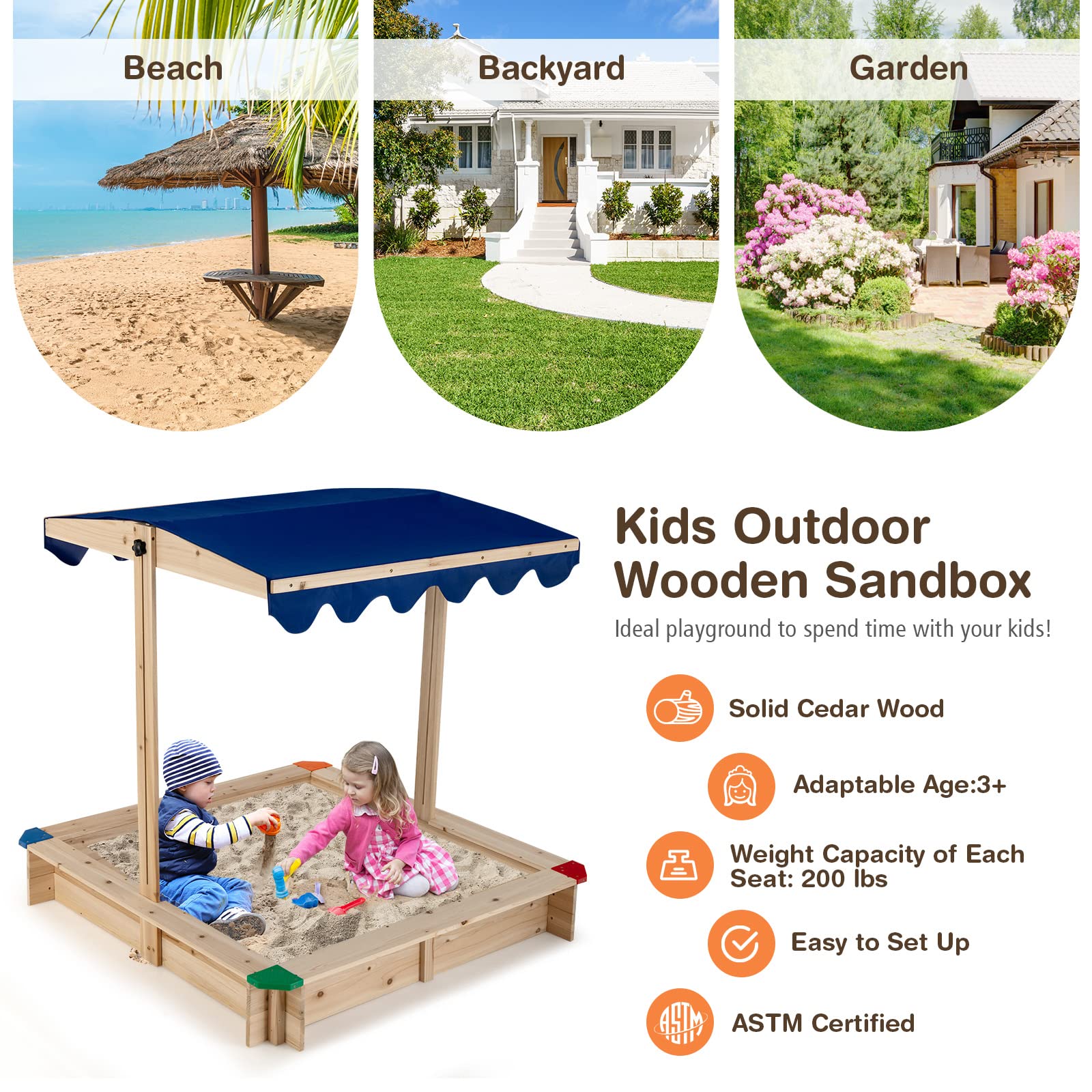 Costzon Kids Wooden Sandbox w/Convertible Canopy